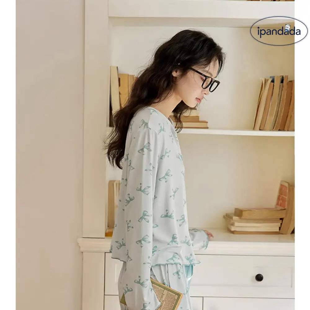 ID384【2点セット】リボン セットアップ 春 夏 秋 着心地やわらか パジャマ 上下セット 前開き かわいい ルームウェア レディース＞セットアップ