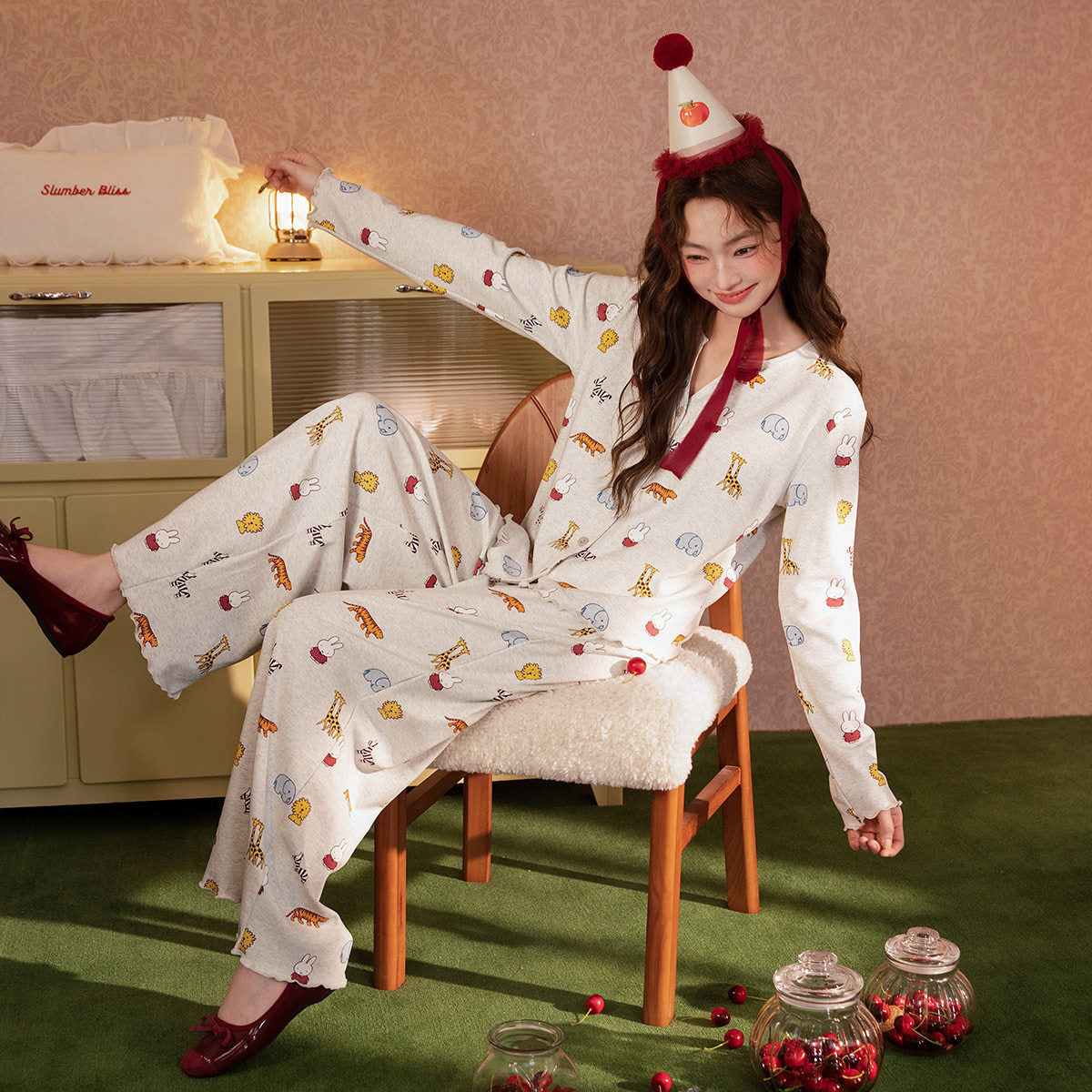 ミッフィー 春秋 パジャマ レディース 上下セット セットアップ 長袖 プリント キャラクター カーディガン ルームウェア セット ID4315