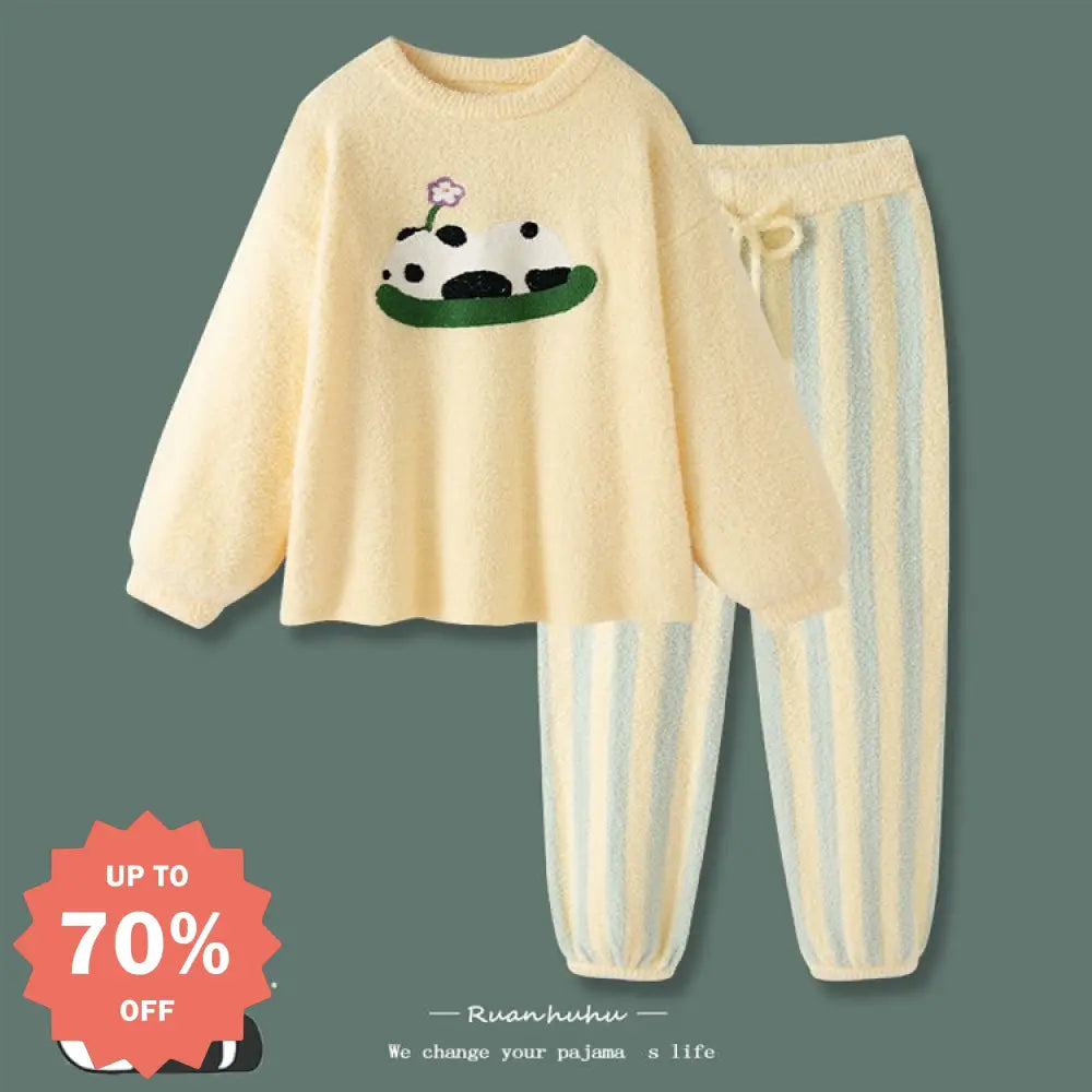 ２タイプ 裏起毛 パジャマ パンダ ストライプ 可愛い スウェット 防寒 暖かい ダックスフント イェロー / M レディース＞セットアップ
