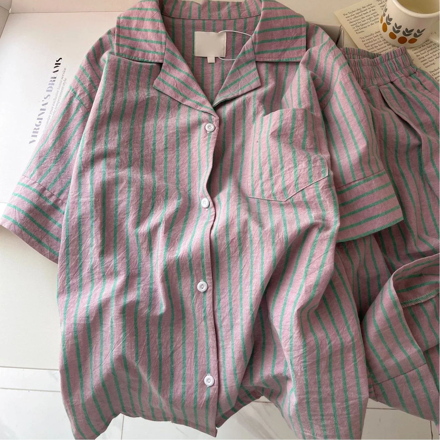 高級感 ストライプ パジャマ レディース 夏 カーディガン 半袖 セット 快適 ゆったり クロスボーダー ルームウェア 大きいサイズ 新作 ID4720