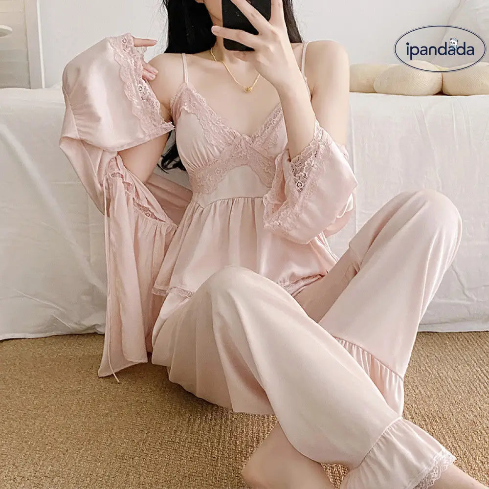 3点セット 春夏用 シルクライク Vネック 3色展開 パジャマ レディース