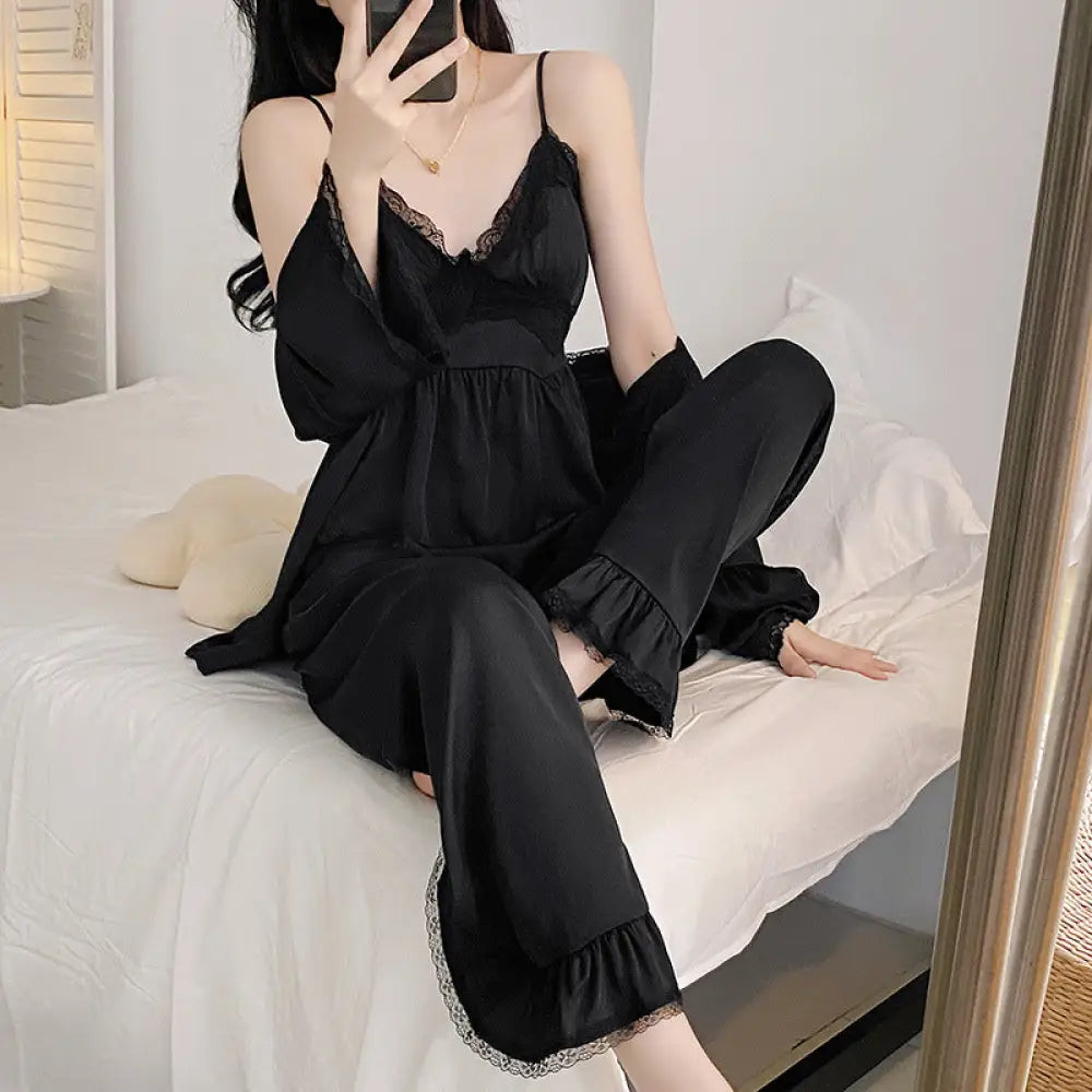 3点セット 春夏用 シルクライク Vネック 3色展開 パジャマ レディース