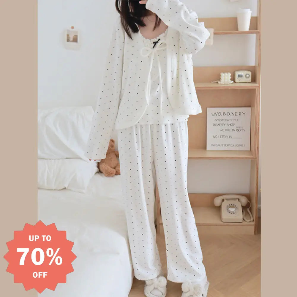 【3点セット】ドッド柄 パジャマ ボウタイ レディース 上下セット 前開き ルームウェア 春 夏 冬 かわいい ソフト レディース＞セットアップ