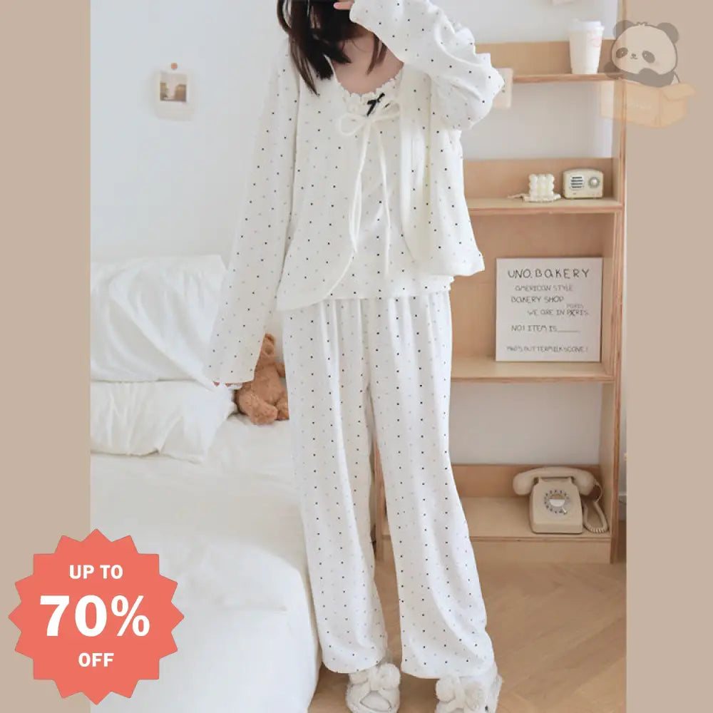 【3点セット】ドッド柄 パジャマ ボウタイ レディース 上下セット 前開き ルームウェア 春 夏 冬 かわいい ソフト レディース＞セットアップ