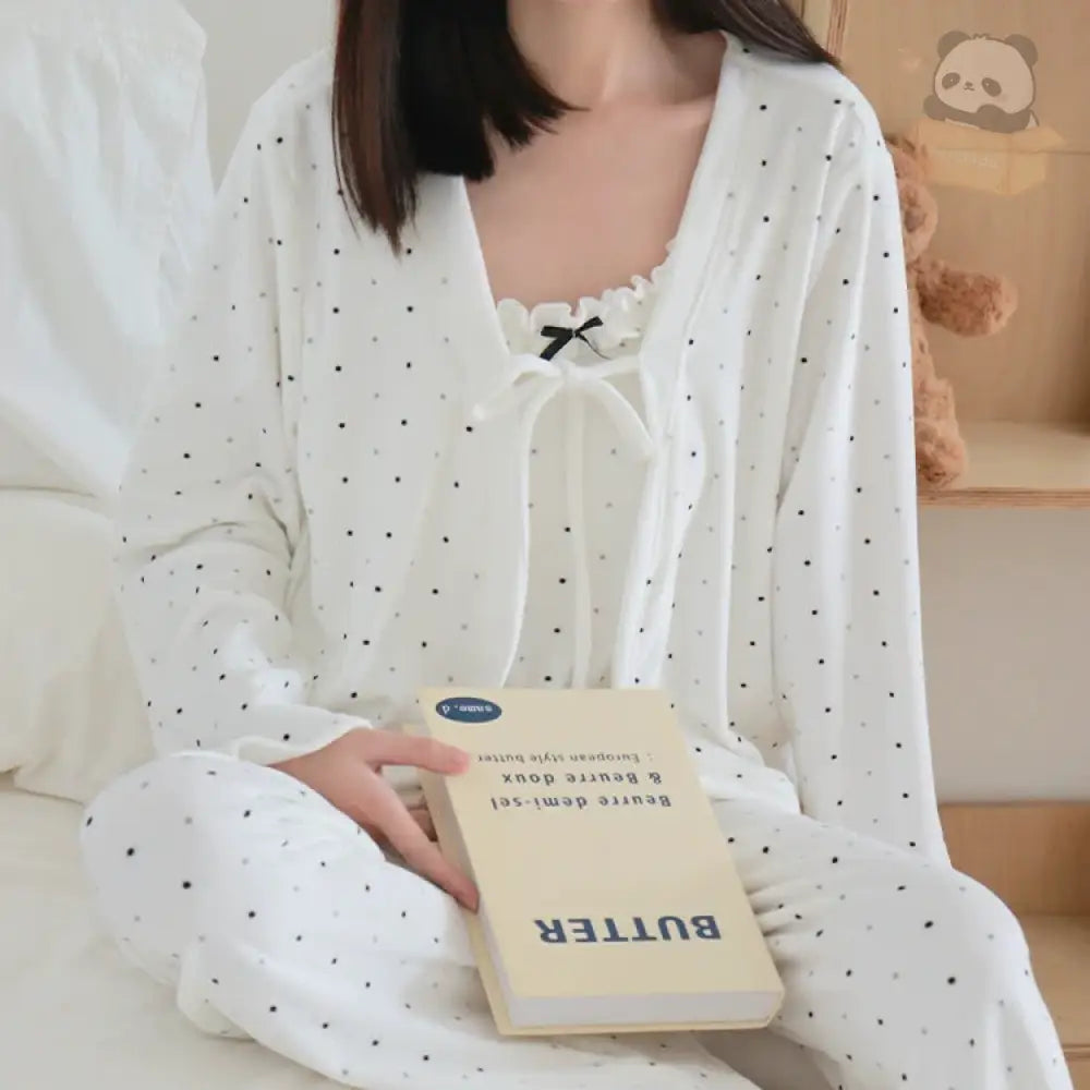 【3点セット】ドッド柄 パジャマ ボウタイ レディース 上下セット 前開き ルームウェア 春 夏 冬 かわいい ソフト レディース＞セットアップ