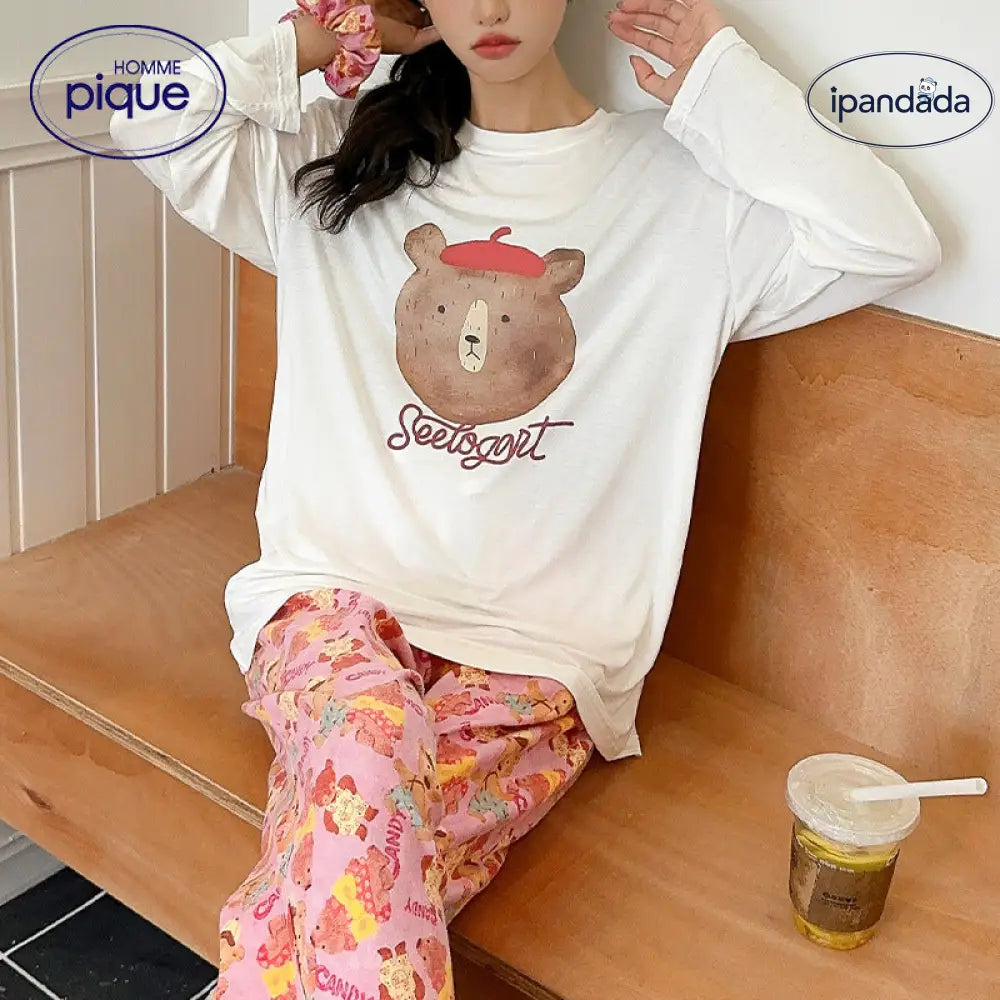 3点セット ヘアゴム付き パジャマ レディース モダール くま ラウンドネック 長袖 パンツ カジュアル かわいい ゆったり ホームウェア セットアップ 外出可 快適 吸汗 通気性 おしゃれ 薄手 軽やか 着心地 シンプル ナチュラル ルームウェア 自宅用 レディース用 柔らかい ID2208