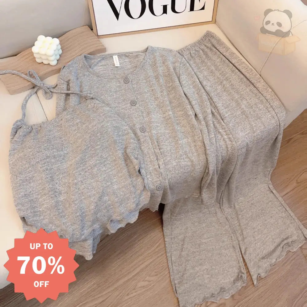 3点セット ルームウェア レディース 上下セット 春 部屋着 可愛い カーディガン キャミソール パンツお洒落 シンプル 無地 韓国 グレー グレー / M レディース＞セットアップ