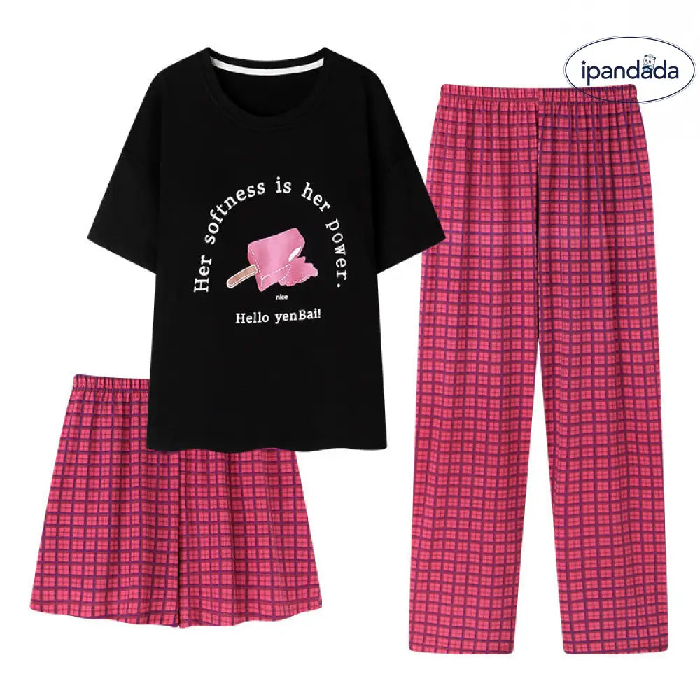 3点セット 胸パッド付き パジャマ 女性用 夏用 コットン感覚 短袖セット チェック柄 大きいサイズ 長ズボン 外出可能な ホームウェア ID2245