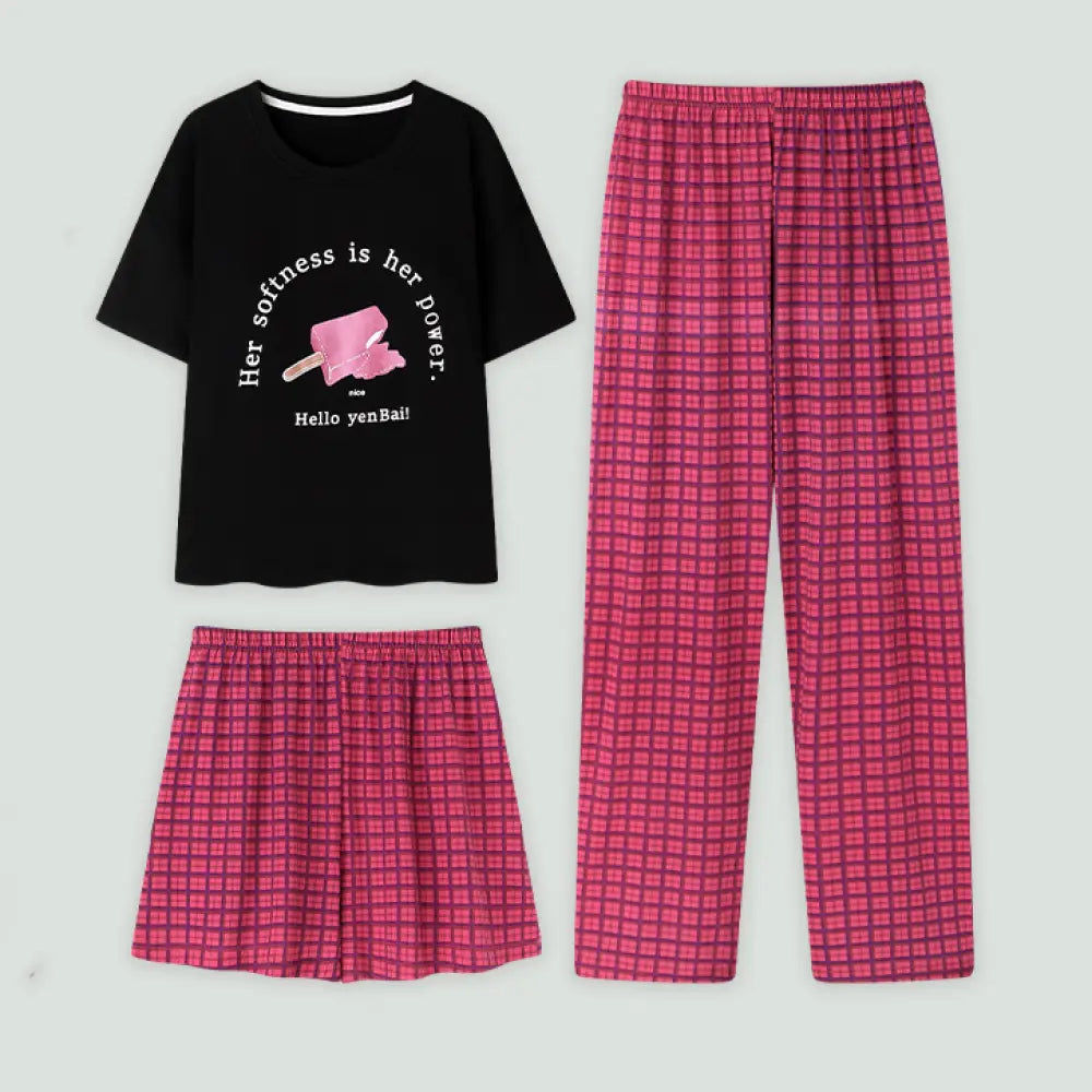 3点セット 胸パッド付き パジャマ 女性用 夏用 コットン感覚 短袖セット チェック柄 大きいサイズ 長ズボン 外出可能な ホームウェア ID2245