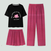 3点セット 胸パッド付き パジャマ 女性用 夏用 コットン感覚 短袖セット チェック柄 大きいサイズ 長ズボン 外出可能な ホームウェア ID2245