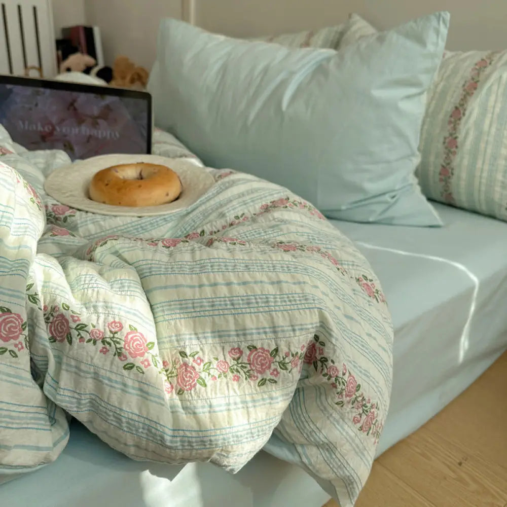 3色展開 布団カバーセット 春夏 新作 韓国風 綿 4点セット おしゃれ かわいい 肌に優しい 柔らかい 掛け布団カバー ベッドシーツ ID4627 ブルー / フラットシーツ 0.9m 3点セット（掛け布団カバー 150*200）