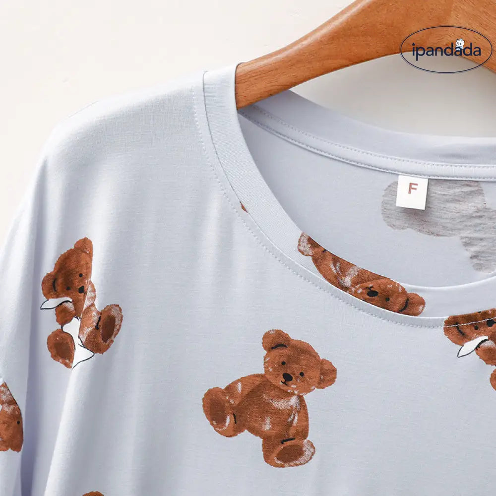 ID993 3色展開 くま柄 ワンピース パジャマ レディース 半袖 パジャマ ワンピース 夏 ロング丈 可愛い かわいい ルームウェア 母の日 プレゼント ギフト マタニティ ルームサプリ レディース＞ワンピース
