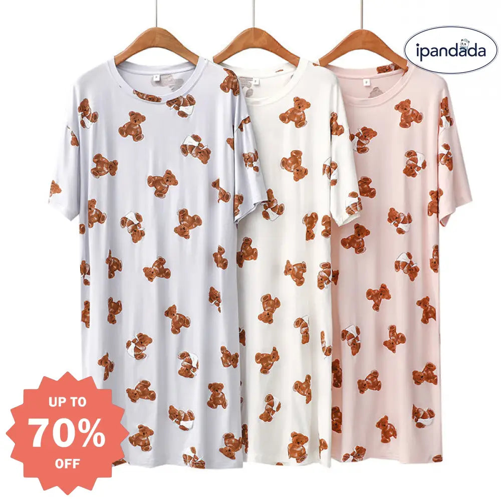 ID993 3色展開 くま柄 ワンピース パジャマ レディース 半袖 パジャマ ワンピース 夏 ロング丈 可愛い かわいい ルームウェア 母の日 プレゼント ギフト マタニティ ルームサプリ レディース＞ワンピース