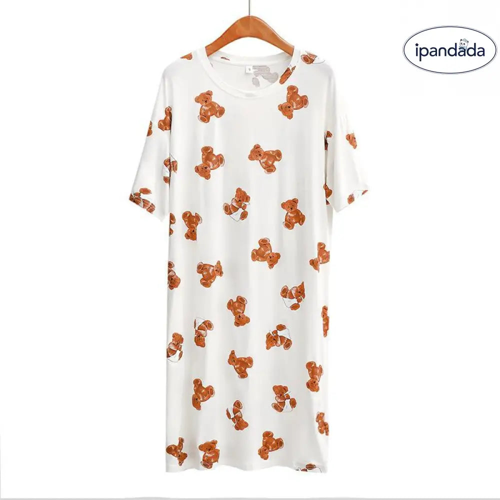 ID993 3色展開 くま柄 ワンピース パジャマ レディース 半袖 パジャマ ワンピース 夏 ロング丈 可愛い かわいい ルームウェア 母の日 プレゼント ギフト マタニティ ルームサプリ ホワイト / フリー レディース＞ワンピース
