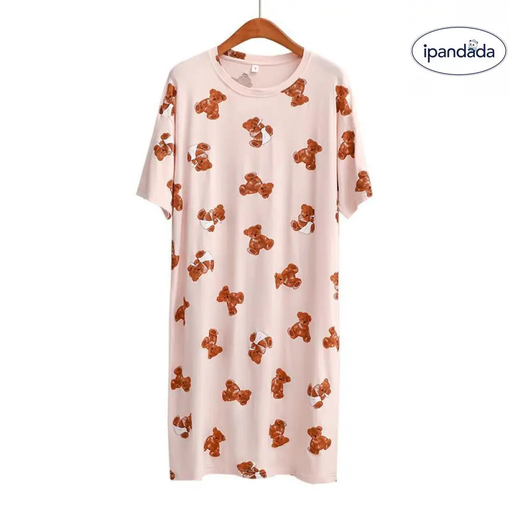 ID993 3色展開 くま柄 ワンピース パジャマ レディース 半袖 パジャマ ワンピース 夏 ロング丈 可愛い かわいい ルームウェア 母の日 プレゼント ギフト マタニティ ルームサプリ ピンク / フリー レディース＞ワンピース