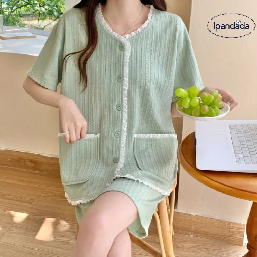 ID938 3色展開 配色 パジャマ レディース ルームウェア セットアップ 上下セット 半袖 夏 かわいい おしゃれ 薄手 前開き ゆったり 部屋着 寝巻き 40代 50代 入院 旅行 レディース＞セットアップ