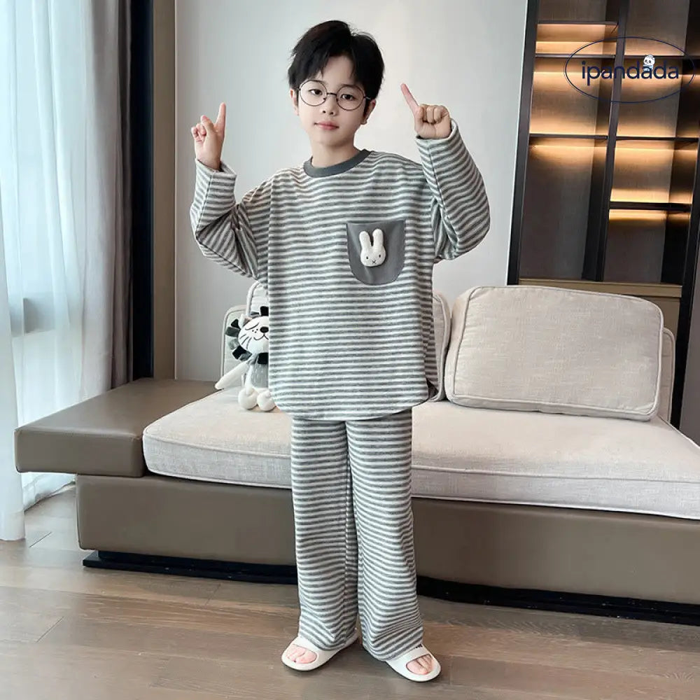 3色展開 ストライプ 男の子 パジャマ 春 秋 キッズ ホームウェア 長袖 ユース 温かい フリース 秋冬 長袖 上下セット ID4021 ベビー＆キッズ＞キッズ