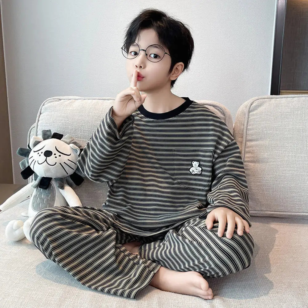 3色展開 ストライプ 男の子 パジャマ 春 秋 キッズ ホームウェア 長袖 ユース 温かい フリース 秋冬 長袖 上下セット ID4021 タイプ② / 120cm ベビー＆キッズ＞キッズ