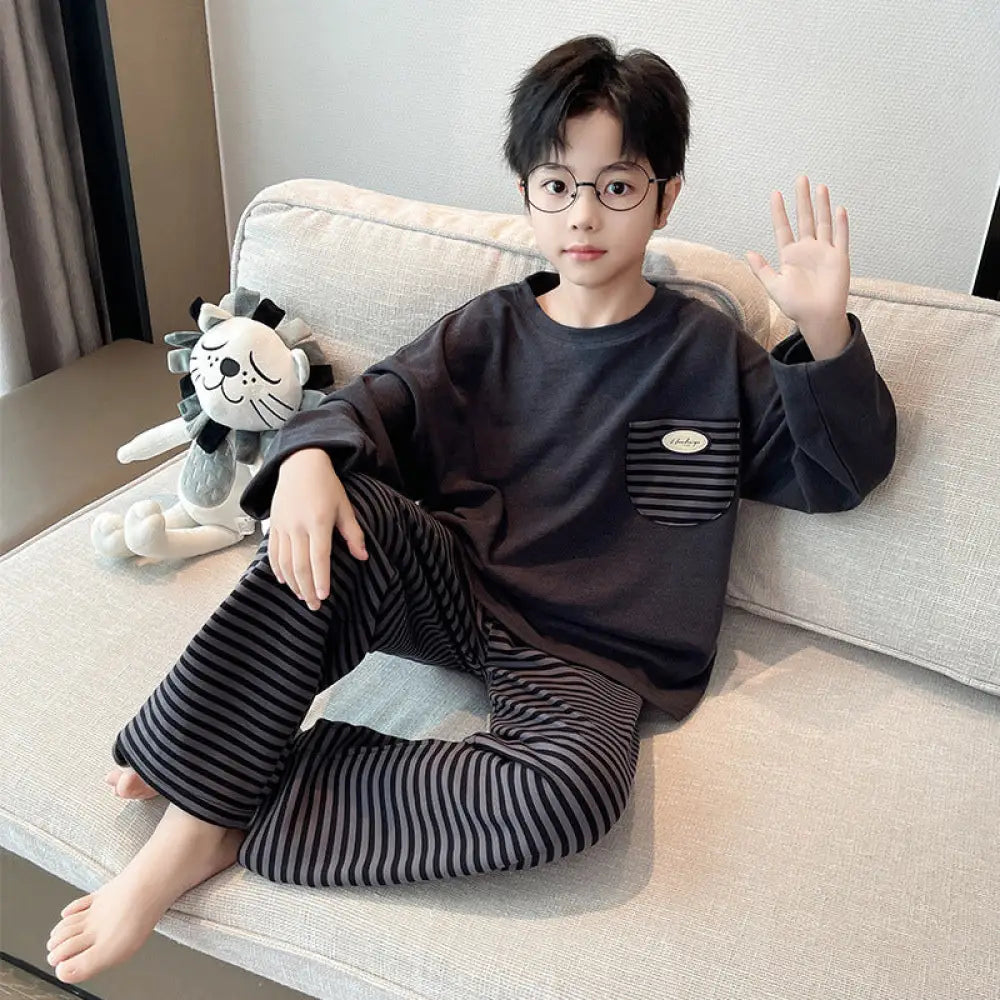 3色展開 ストライプ 男の子 パジャマ 春 秋 キッズ ホームウェア 長袖 ユース 温かい フリース 秋冬 長袖 上下セット ID4021 タイプ③ / 120cm ベビー＆キッズ＞キッズ
