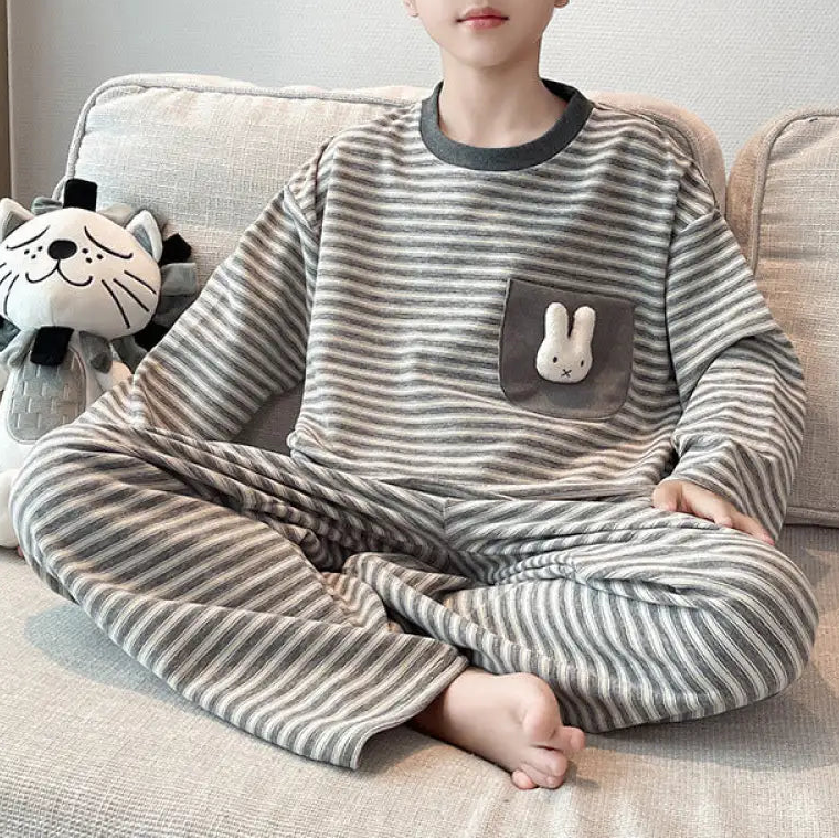 3色展開 ストライプ 男の子 パジャマ 春 秋 キッズ ホームウェア 長袖 ユース 温かい フリース 秋冬 長袖 上下セット ID4021 タイプ① / 120cm ベビー＆キッズ＞キッズ