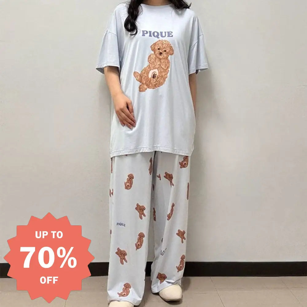 3色展開ドッグ柄 パジャマ 2点セット ルームウェア レディース 上下セット 部屋着 柔らか パジャマ しっとり ゆったり ナイトウェア 寝巻き カジュアル シンプル ID4725 - ブルー / フリー - レディース＞セットアップ