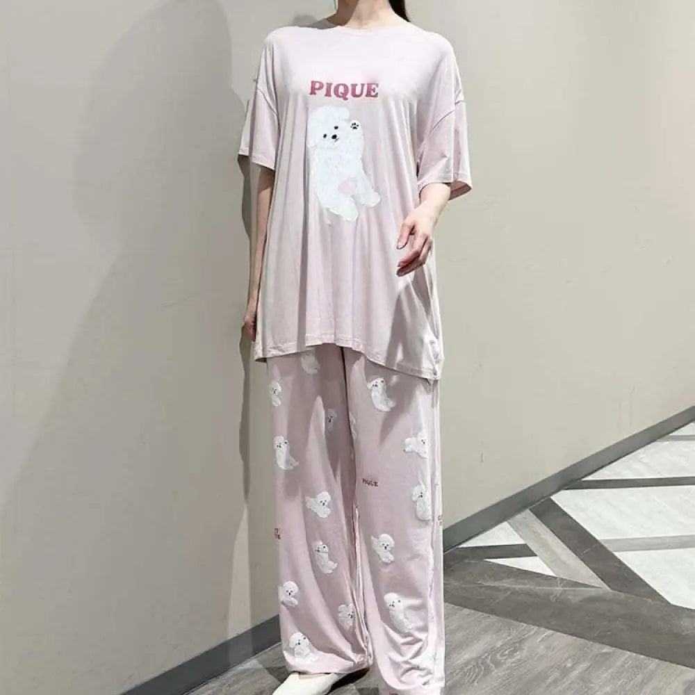 3色展開ドッグ柄 パジャマ 2点セット ルームウェア レディース 上下セット 部屋着 柔らか パジャマ しっとり ゆったり ナイトウェア 寝巻き カジュアル シンプル ID4725 - ピンク / フリー - レディース＞セットアップ