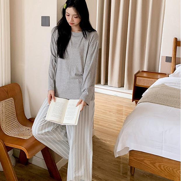 ルームウェア セット レディース ゆったり カジュアル ストライプ ラウンドネック 長袖 ロングパンツ パジャマ 入院 出産 部屋着 寝巻き ID4284