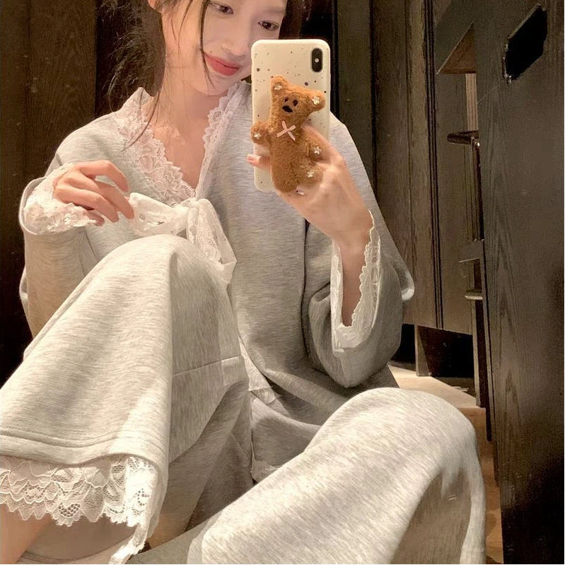 春秋 レディース かわいい グレー 韓国風 パジャマ 長袖 ロングパンツ ルームウェア かわいい 大きいサイズ 薄手 柔らか 入院 出産 部屋着 寝巻き ID4285