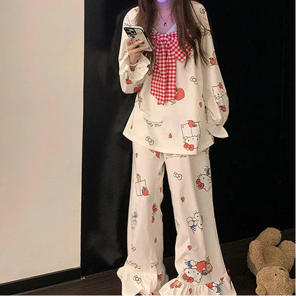 かわいい リボン柄 パジャマ レディース 春夏 長袖 甘め ガーリー フェミニン 少女 大きいサイズ ビッグサイズ 柔らか 肌触り ルームウェア 部屋着 セットアップ ツーピース おしゃれ リラックス プレゼント ギフト ID4258