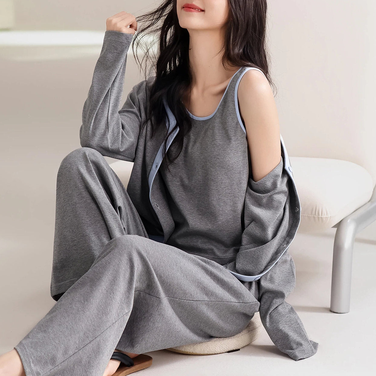 新作 綿 ベスト 3点セット パジャマ レディース カジュアル  ルームウェア 綿 春 かわいい 長袖 コットン 上下セット ID4280