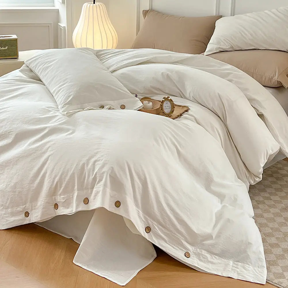 4点セット コットン シーツ 布団カバー 3点セット ベッド用品 ID3303 アイボリー / フラットシーツ 1.2m 3点セット（掛け布団カバー 150*200）