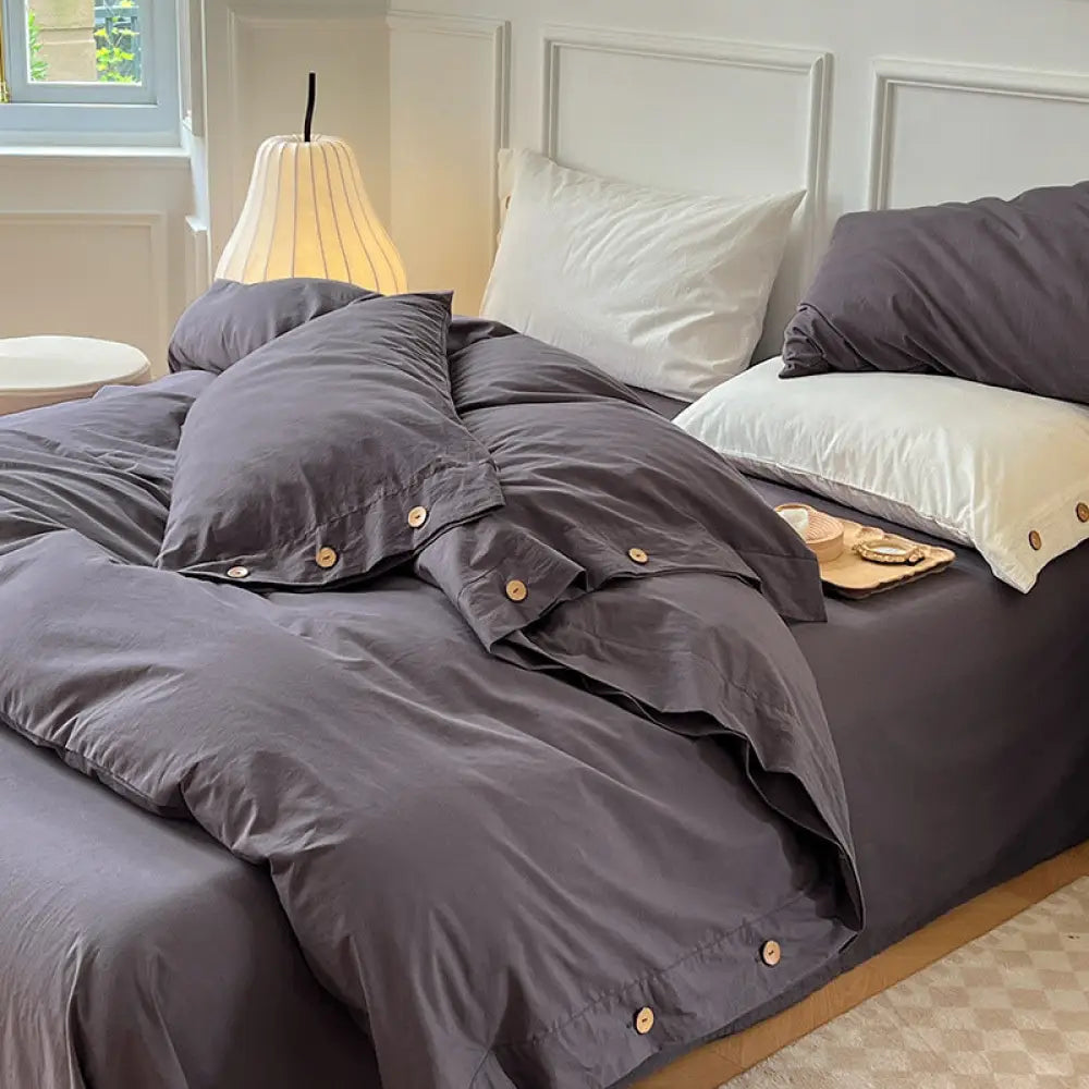 4点セット コットン シーツ 布団カバー 3点セット ベッド用品 ID3303 ダークグレー / フラットシーツ 1.2m 3点セット（掛け布団カバー 150*200）