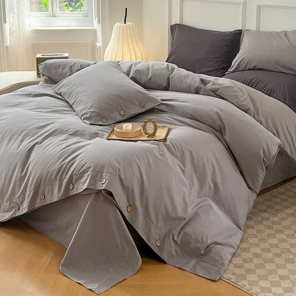 4点セット コットン シーツ 布団カバー 3点セット ベッド用品 ID3303 グレー / フラットシーツ 1.2m 3点セット（掛け布団カバー 150*200）