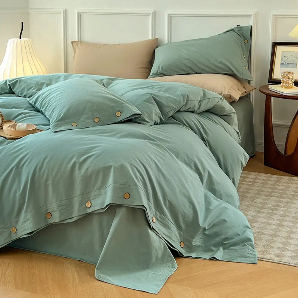 4点セット コットン シーツ 布団カバー 3点セット ベッド用品 ID3303 グリーン / フラットシーツ 1.2m 3点セット（掛け布団カバー 150*200）