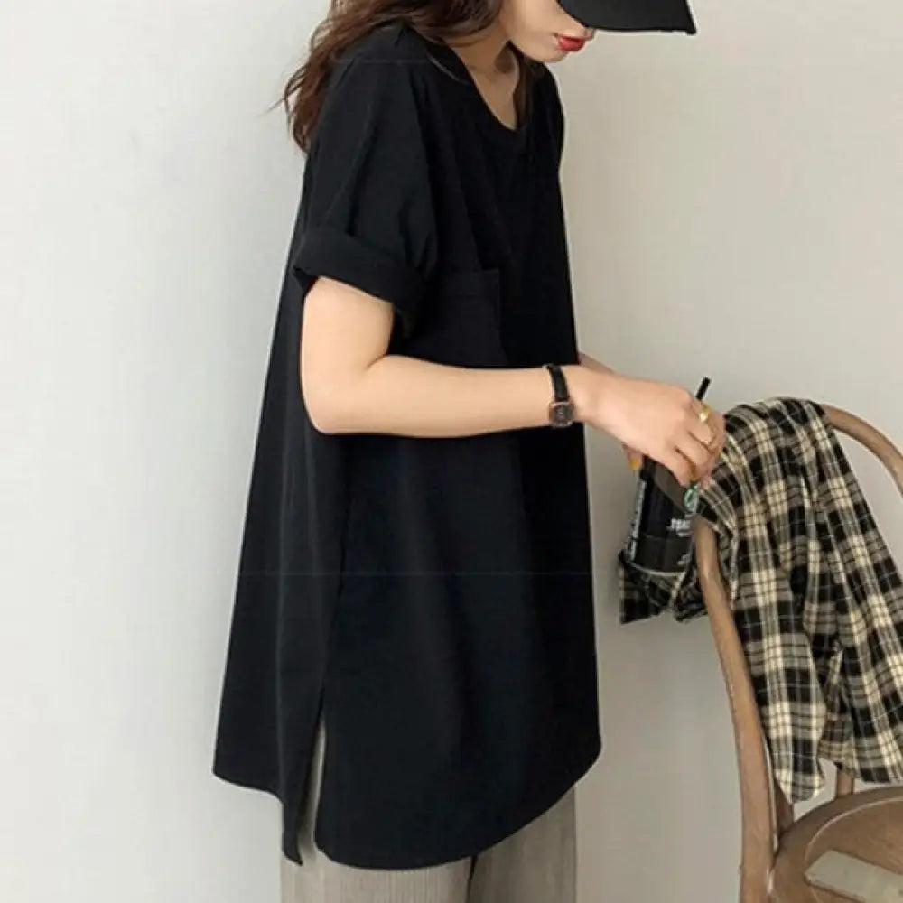 ID1123 4カラー お尻隠れる カジュアル スリット 無地 Tシャツ 韓国風 ニッチデザイン 半袖 ルーズフィット 薄手トップス 女性用 カジュアルTシャツ ブラック / M 外出着＞トップス
