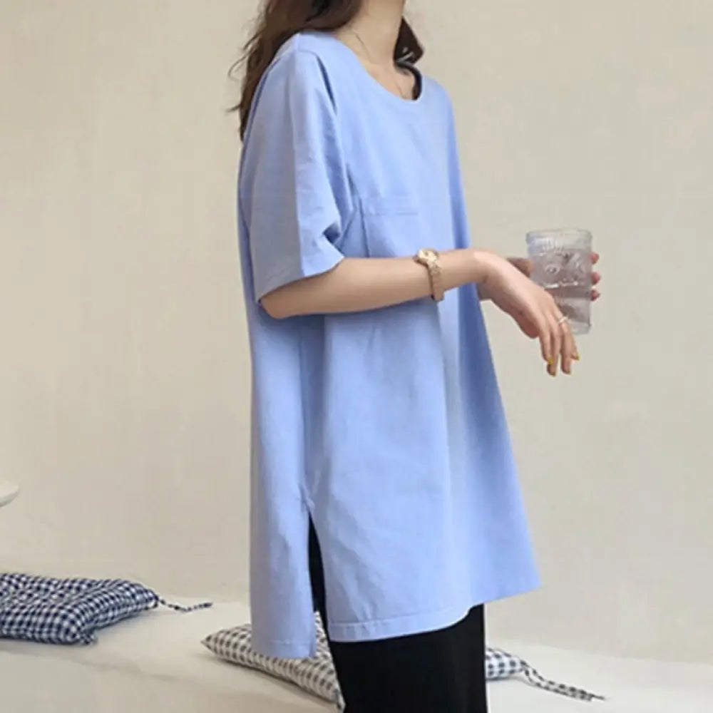 ID1123 4カラー お尻隠れる カジュアル スリット 無地 Tシャツ 韓国風 ニッチデザイン 半袖 ルーズフィット 薄手トップス 女性用 カジュアルTシャツ ブルー / M 外出着＞トップス