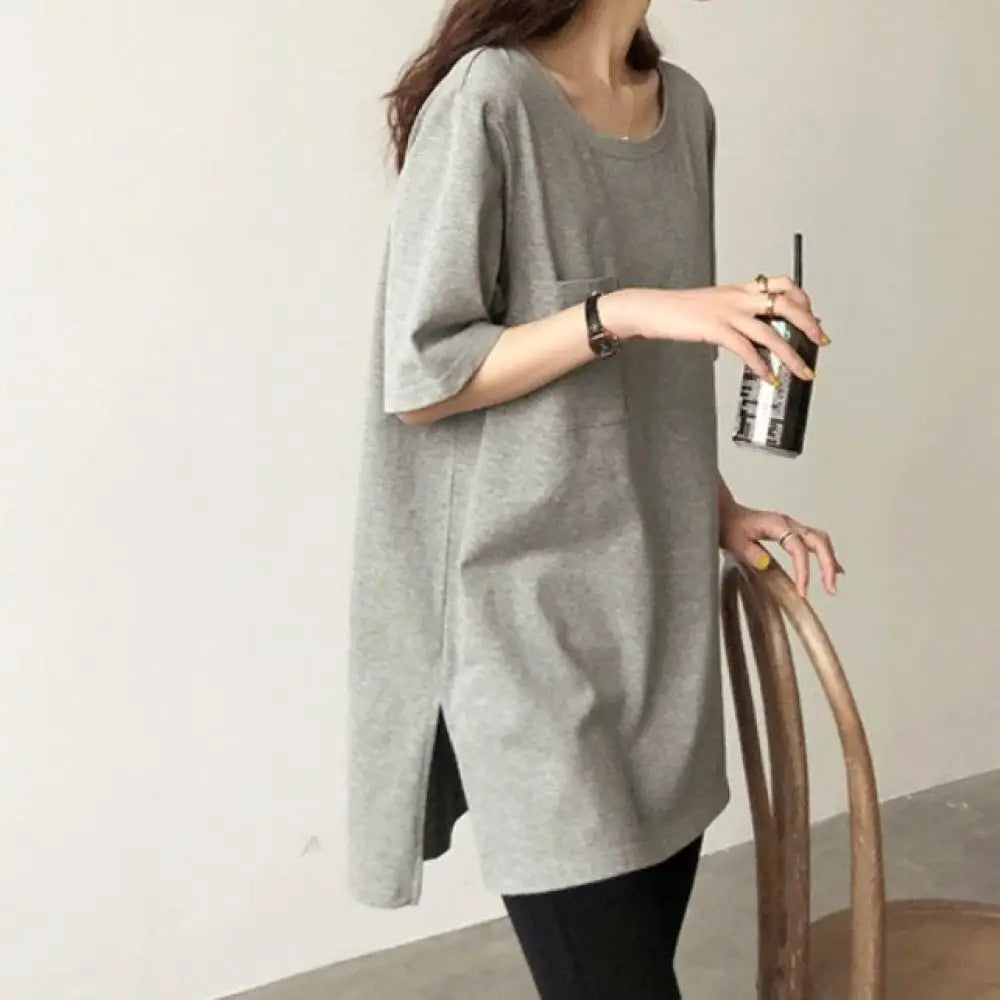 ID1123 4カラー お尻隠れる カジュアル スリット 無地 Tシャツ 韓国風 ニッチデザイン 半袖 ルーズフィット 薄手トップス 女性用 カジュアルTシャツ グレー / M 外出着＞トップス