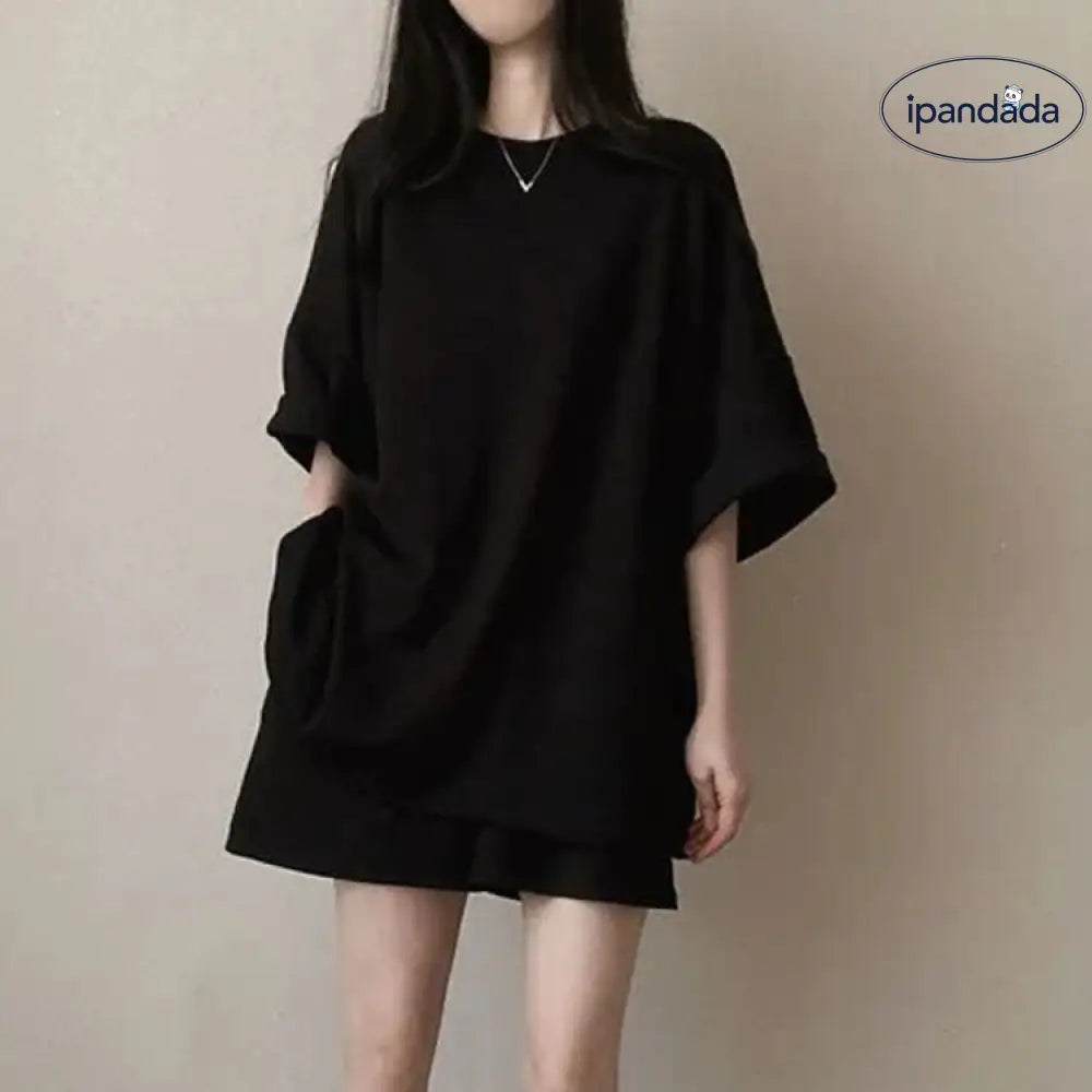 ID1295 4色展開 韓国風 レディース Tシャツ ショートパンツ セットアップ 夏 スポーツ カジュアル 膝上丈 無地 半袖 外歩きOK 通気性 快適 お得セット ブラック / M 外出着＞セットアップ
