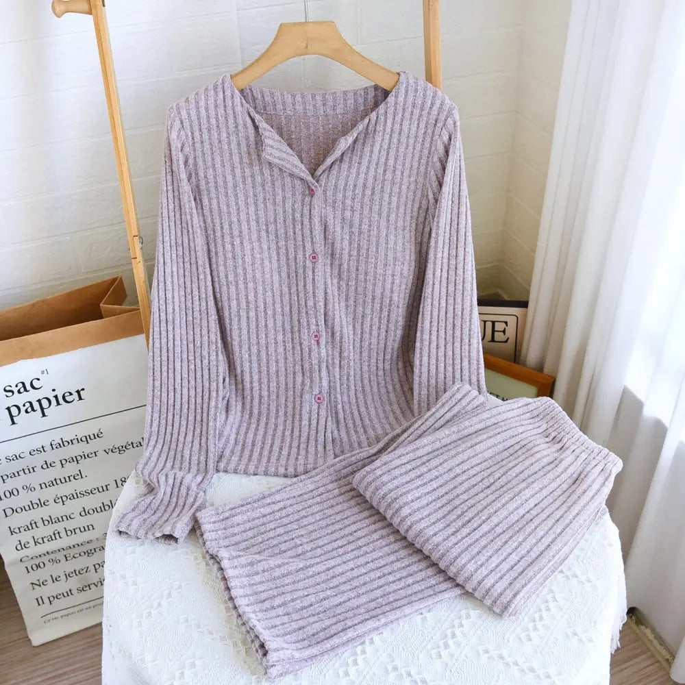 4色展開 カップル対応 保温 裏起毛 パジャマセット ブラ付き 長袖 ゆったり 春 秋 暖かい ルームウェア インナーコーデ 自宅 カジュアル プレゼント ID4064 パープル / M