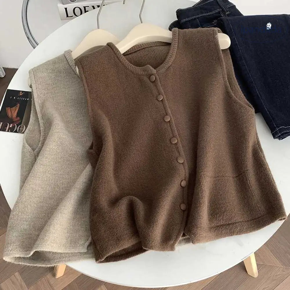 4色展開 ニットベスト レディース 秋 冬 ベスト 前開き ノースリーブ ニット 無地 クルーネック ボタン 羽織り セーター 重ね着 レイヤード ゆったり 体型カバー おしゃれ ナチュラル カジュアル シンプル グレー オフホワイト