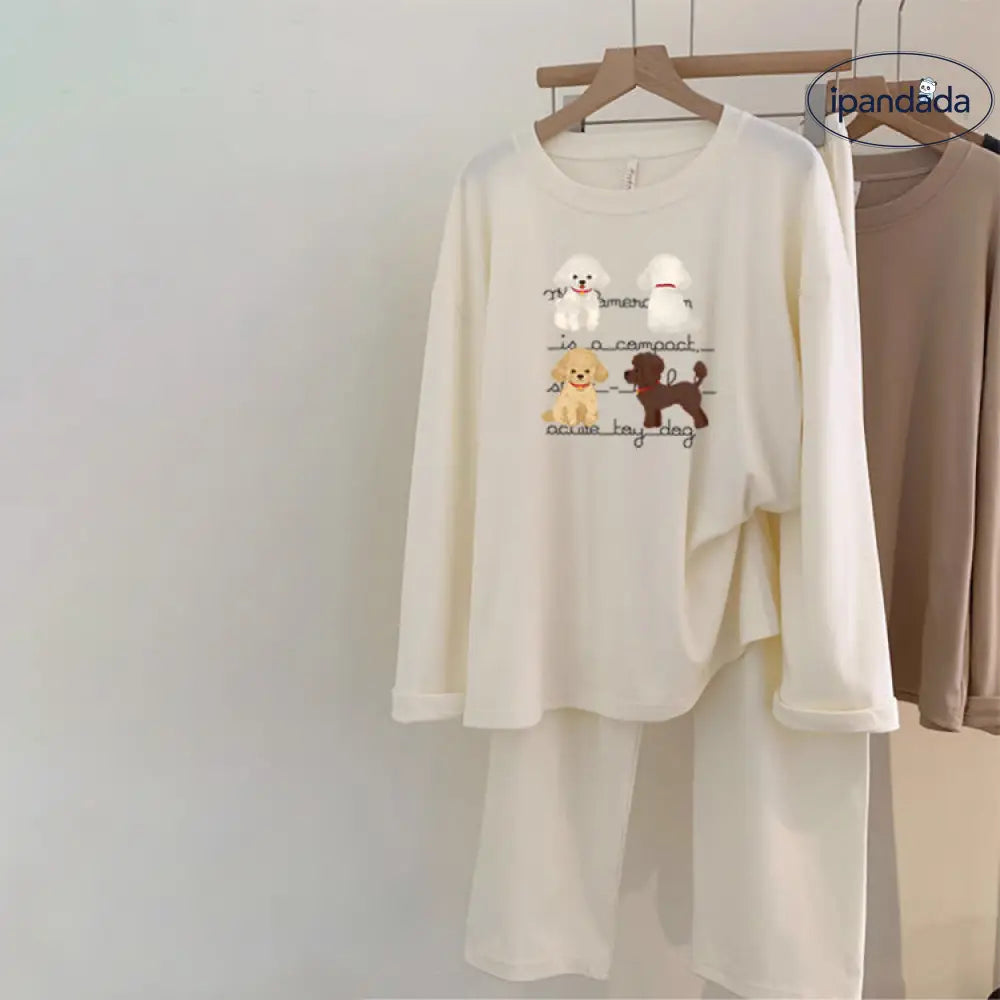 ID394 【4色展開】パジャマ 犬柄 レディース 上下セット 部屋着 セットアップ ルームウェア プルオーバー パンツ 入院 可愛い 大人用 母の日 ギフト 敬老の日 ホワイト / M レディース＞セットアップ
