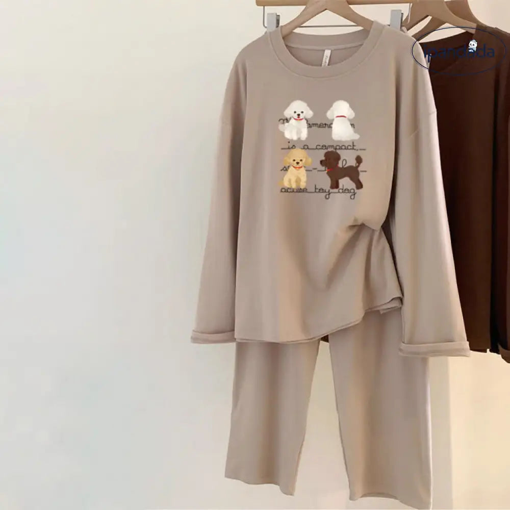 ID394 【4色展開】パジャマ 犬柄 レディース 上下セット 部屋着 セットアップ ルームウェア プルオーバー パンツ 入院 可愛い 大人用 母の日 ギフト 敬老の日 カーキ / M レディース＞セットアップ