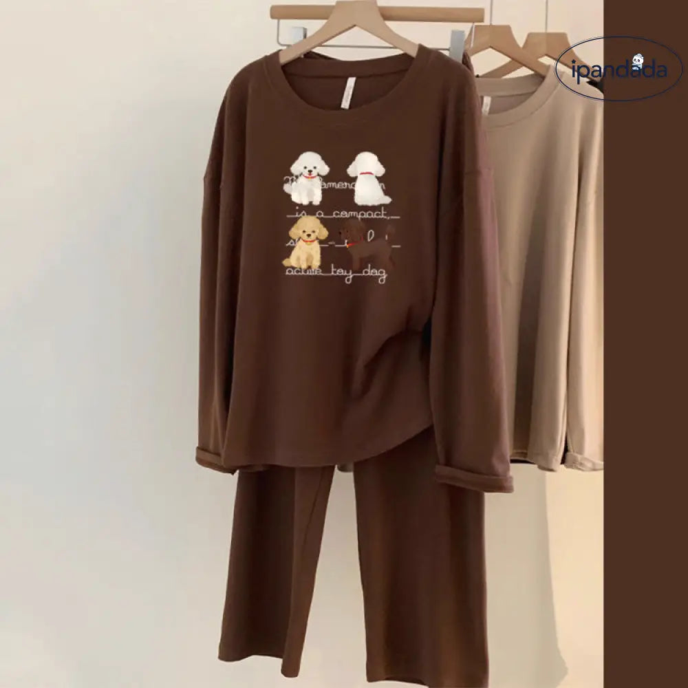 ID394 【4色展開】パジャマ 犬柄 レディース 上下セット 部屋着 セットアップ ルームウェア プルオーバー パンツ 入院 可愛い 大人用 母の日 ギフト 敬老の日 コーヒー / M レディース＞セットアップ