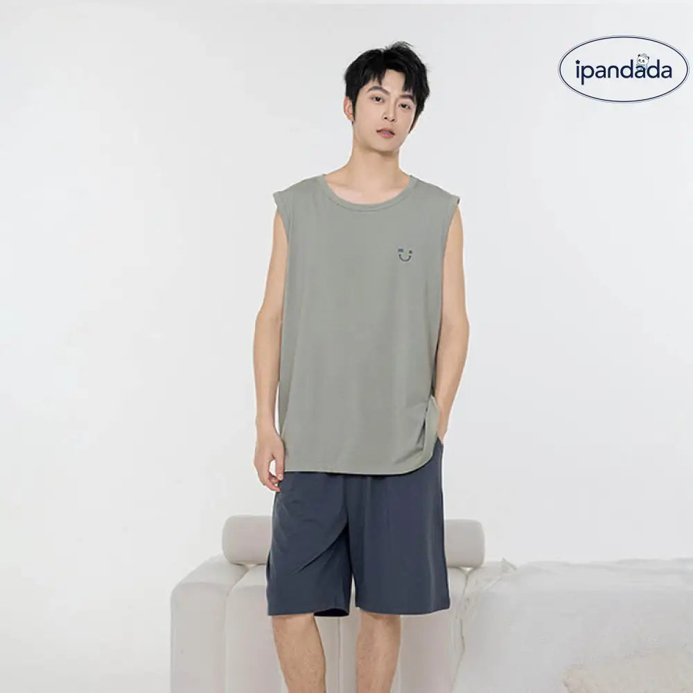ID1087 4色展開 ペアルック 夏用 パジャマセット モダール素材 縫製パッド ブラトップ 半パンツ マルチカラー モダンシンプル 通気性 くつろぎ カップル メンズ レディース グリーン（メンズ） / レディースL