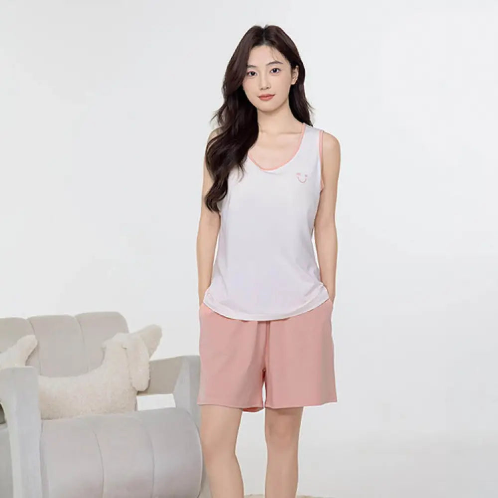 ID1087 4色展開 ペアルック 夏用 パジャマセット モダール素材 縫製パッド ブラトップ 半パンツ マルチカラー モダンシンプル 通気性 くつろぎ カップル メンズ レディース ピンク（レディース） / レディースL
