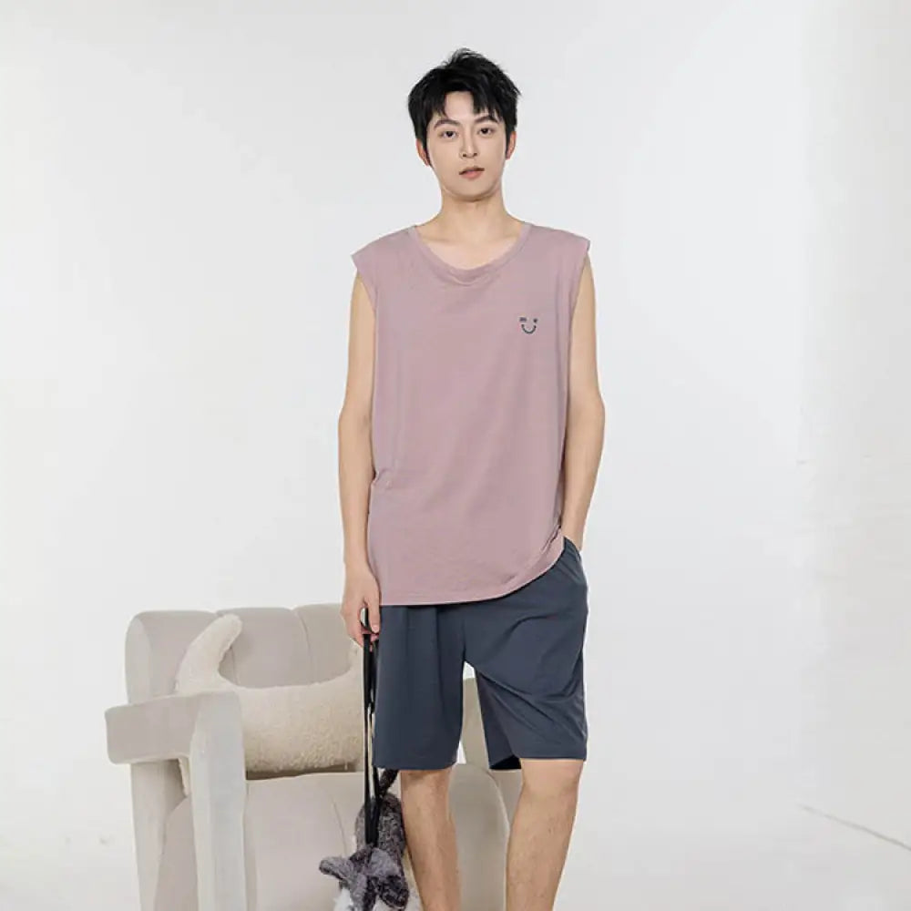 ID1087 4色展開 ペアルック 夏用 パジャマセット モダール素材 縫製パッド ブラトップ 半パンツ マルチカラー モダンシンプル 通気性 くつろぎ カップル メンズ レディース ピンク（メンズ） / レディースL