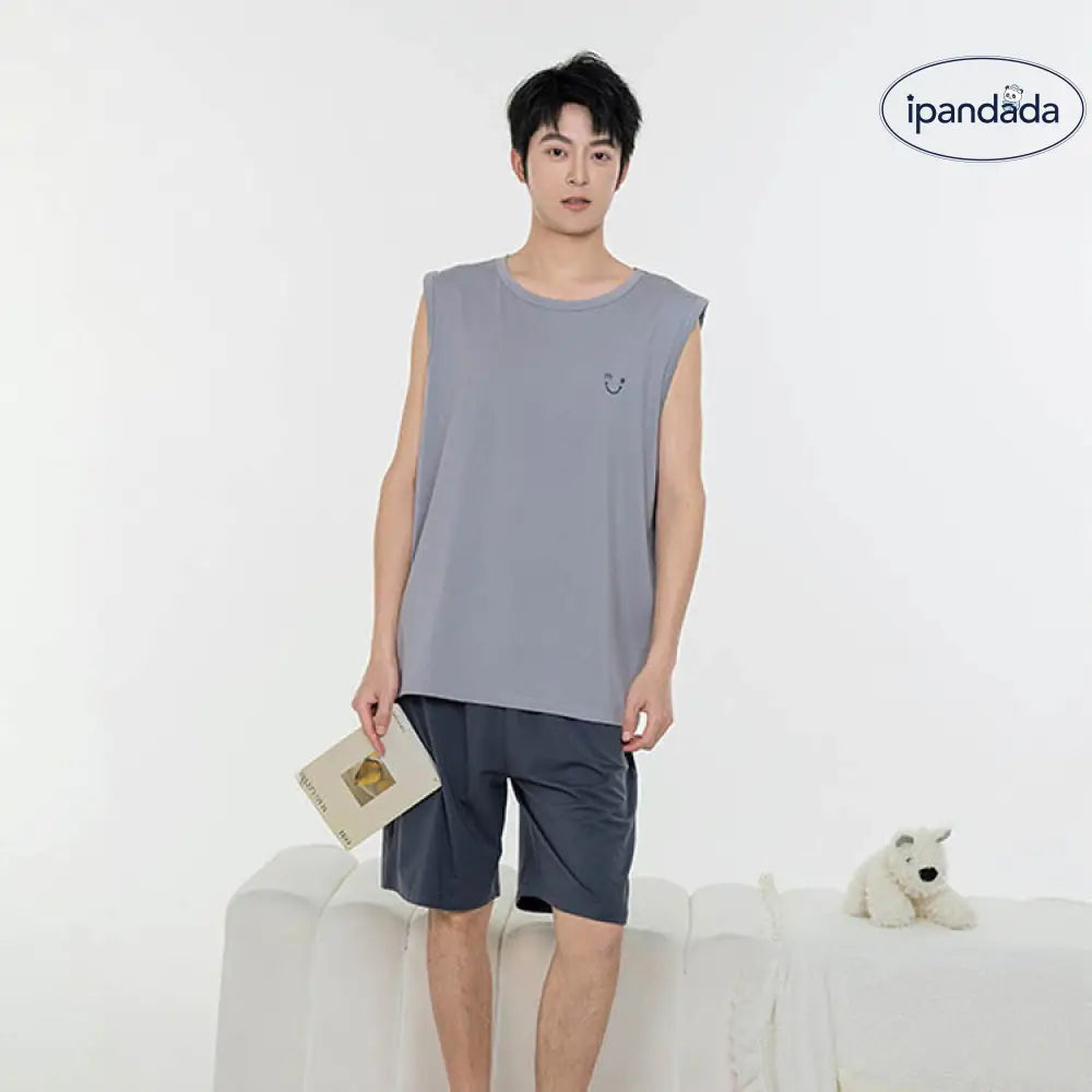 ID1087 4色展開 ペアルック 夏用 パジャマセット モダール素材 縫製パッド ブラトップ 半パンツ マルチカラー モダンシンプル 通気性 くつろぎ カップル メンズ レディース グレー（メンズ） / レディースL
