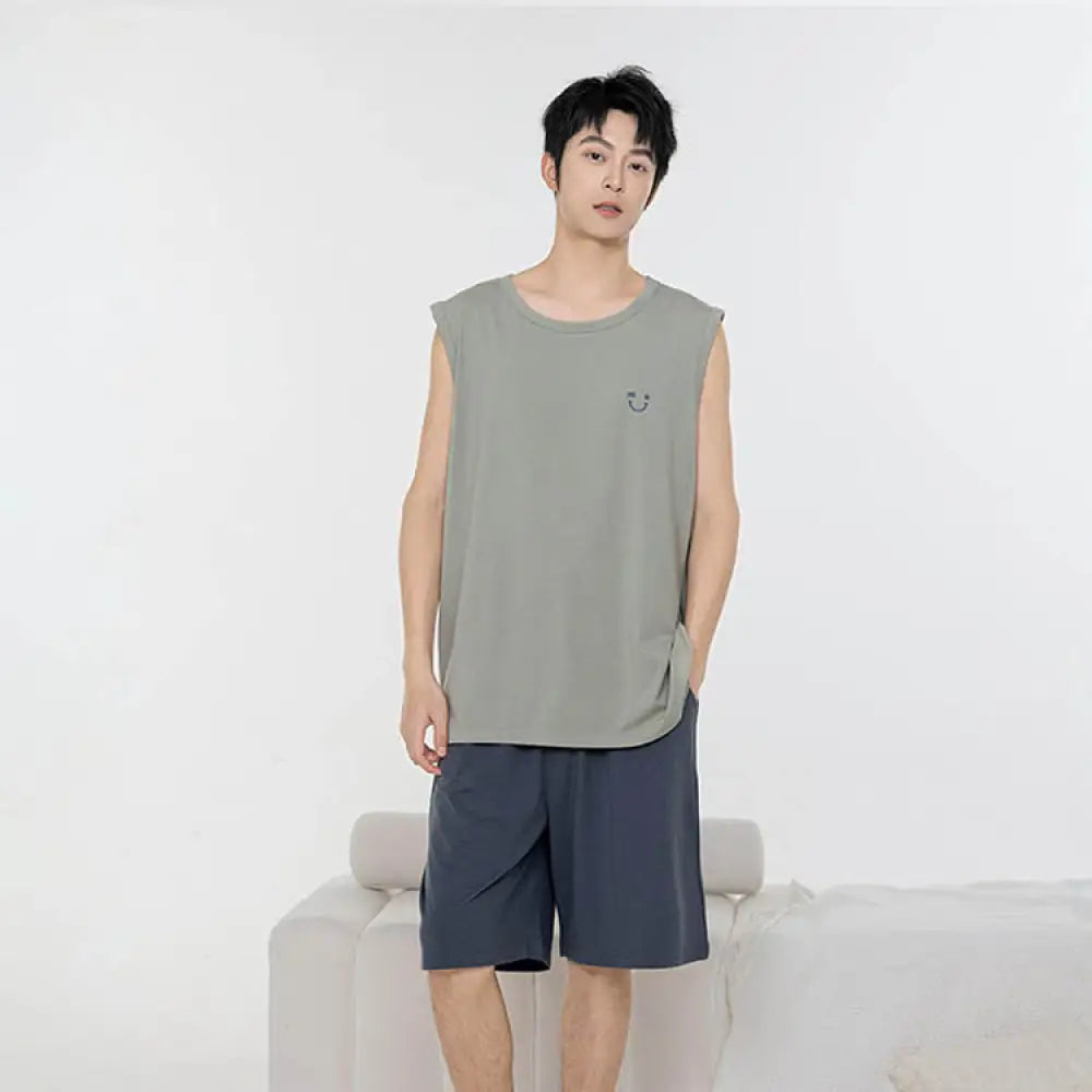 ID1087 4色展開 ペアルック 夏用 パジャマセット モダール素材 縫製パッド ブラトップ 半パンツ マルチカラー モダンシンプル 通気性 くつろぎ カップル メンズ レディース グリーン（メンズ） / レディースL