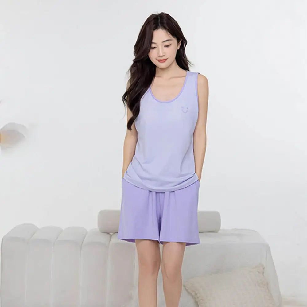 ID1087 4色展開 ペアルック 夏用 パジャマセット モダール素材 縫製パッド ブラトップ 半パンツ マルチカラー モダンシンプル 通気性 くつろぎ カップル メンズ レディース パープル（レディース） / レディースL