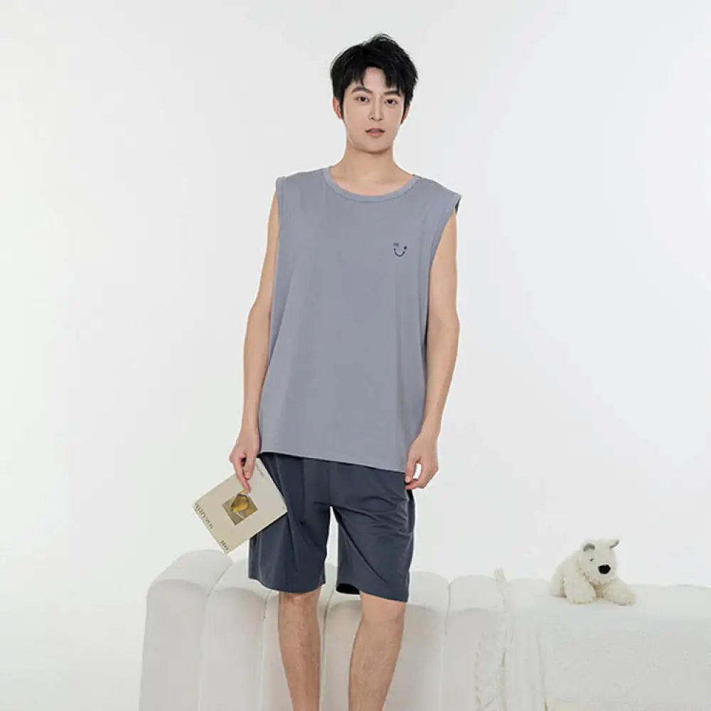 ID1087 4色展開 ペアルック 夏用 パジャマセット モダール素材 縫製パッド ブラトップ 半パンツ マルチカラー モダンシンプル 通気性 くつろぎ カップル メンズ レディース グレー（メンズ） / レディースL